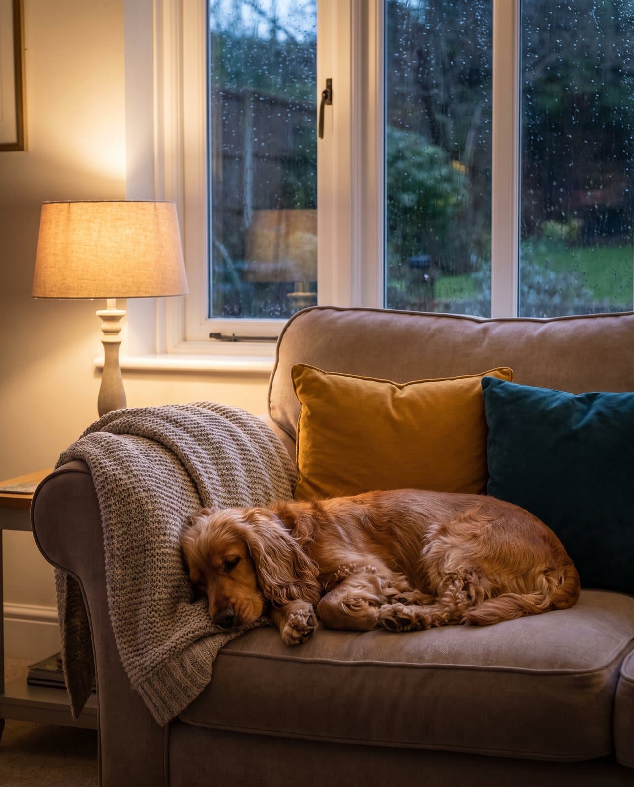 The same spaniel, dry and fluffy, curled up on a clean sofa