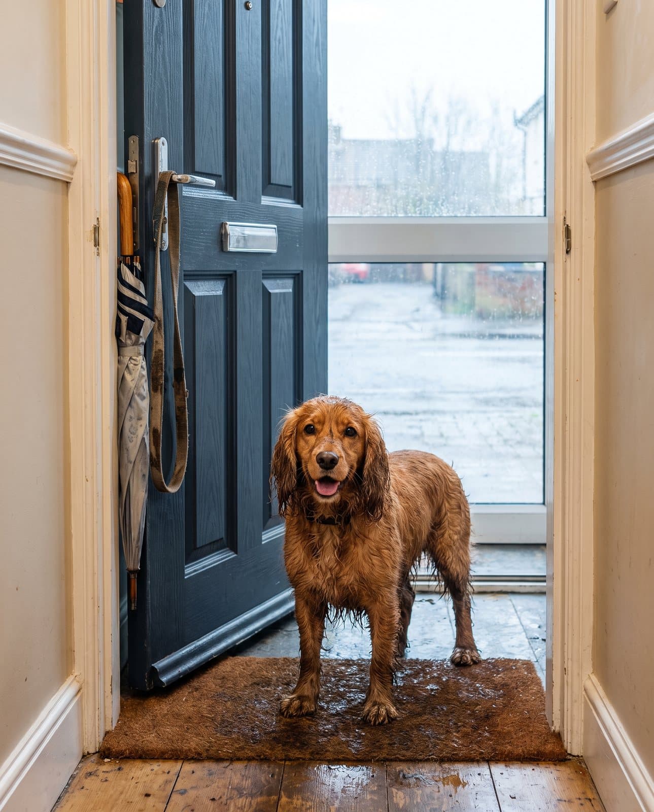A soaked, muddy spaniel standing on a hallway doormat with rain outside
