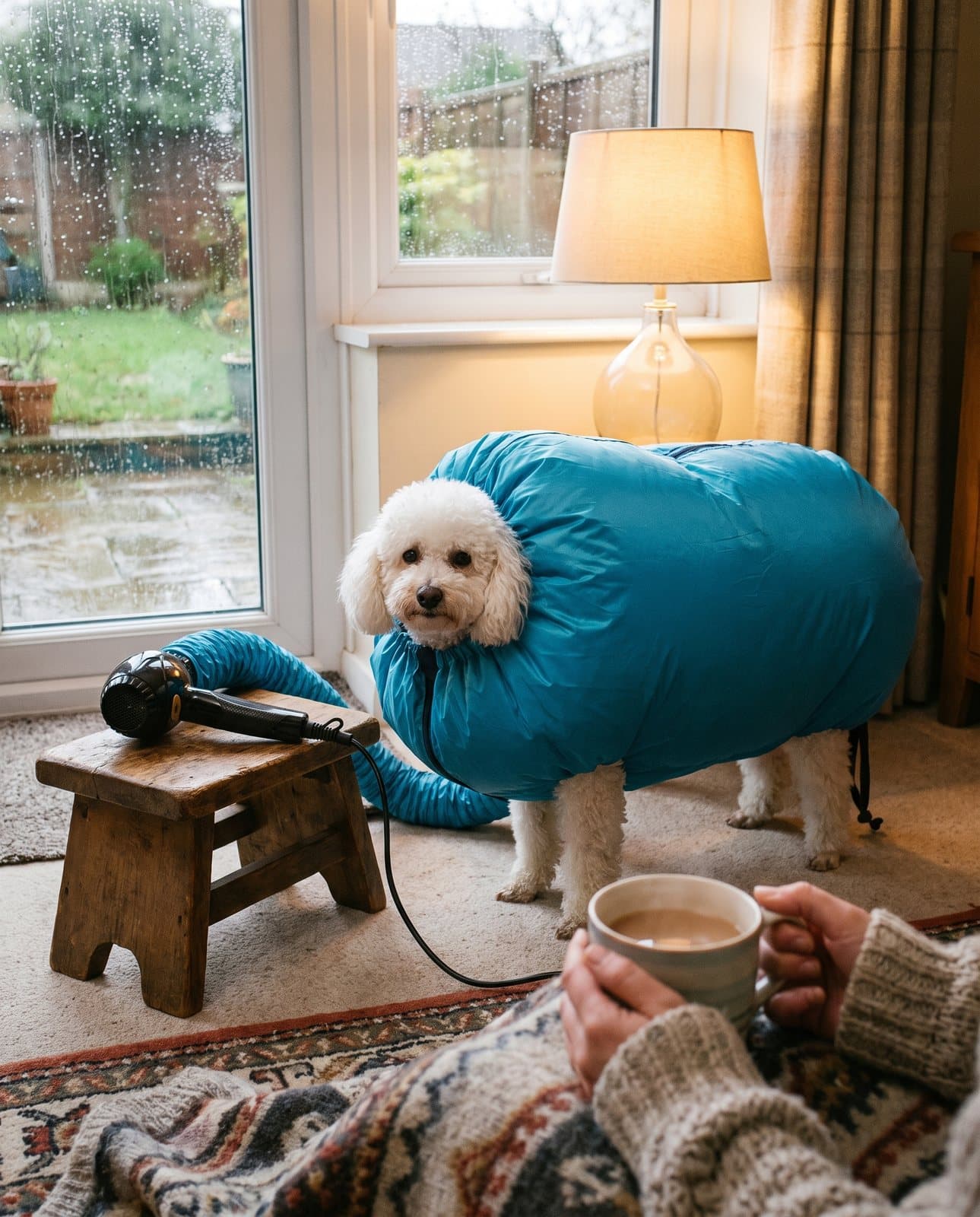 White poodle in the puffed-up bag beside its owner holding a mug of tea
