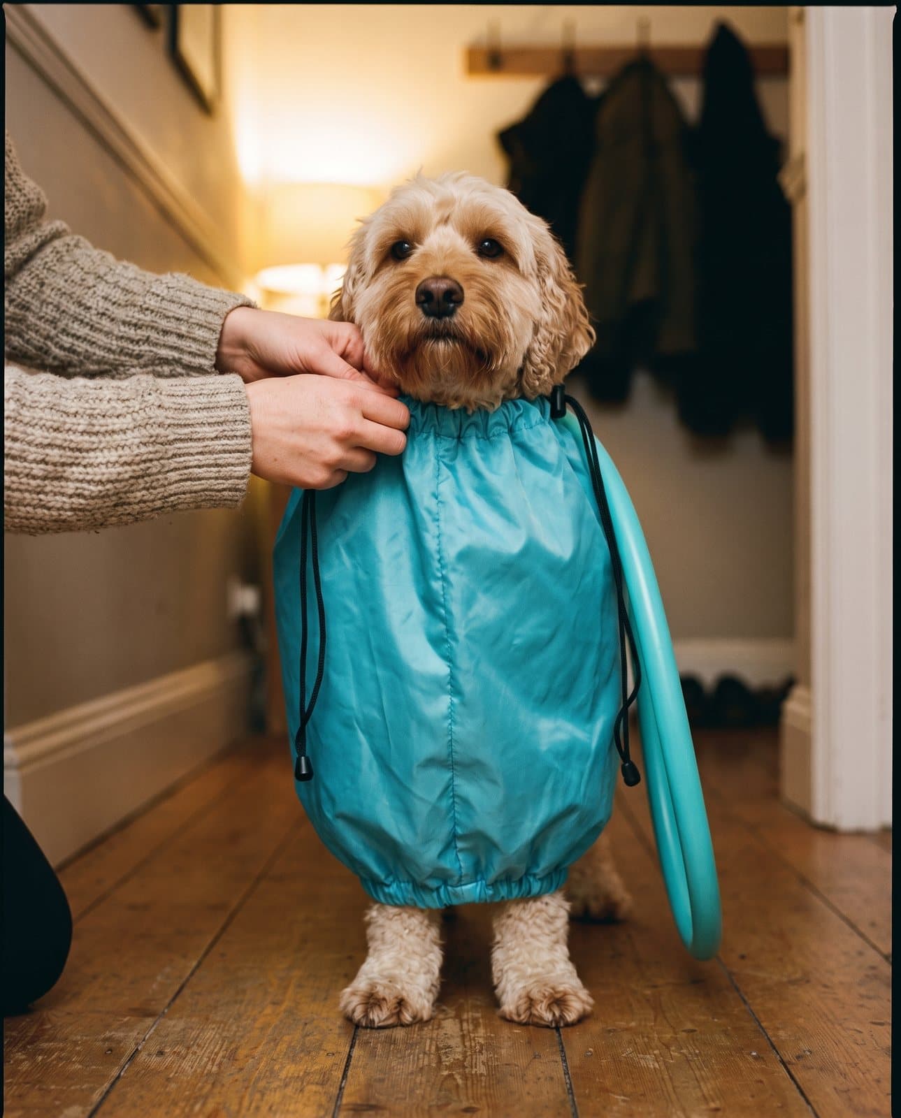 Hands settling the elastic neck of the bag round a cockapoo, head outside