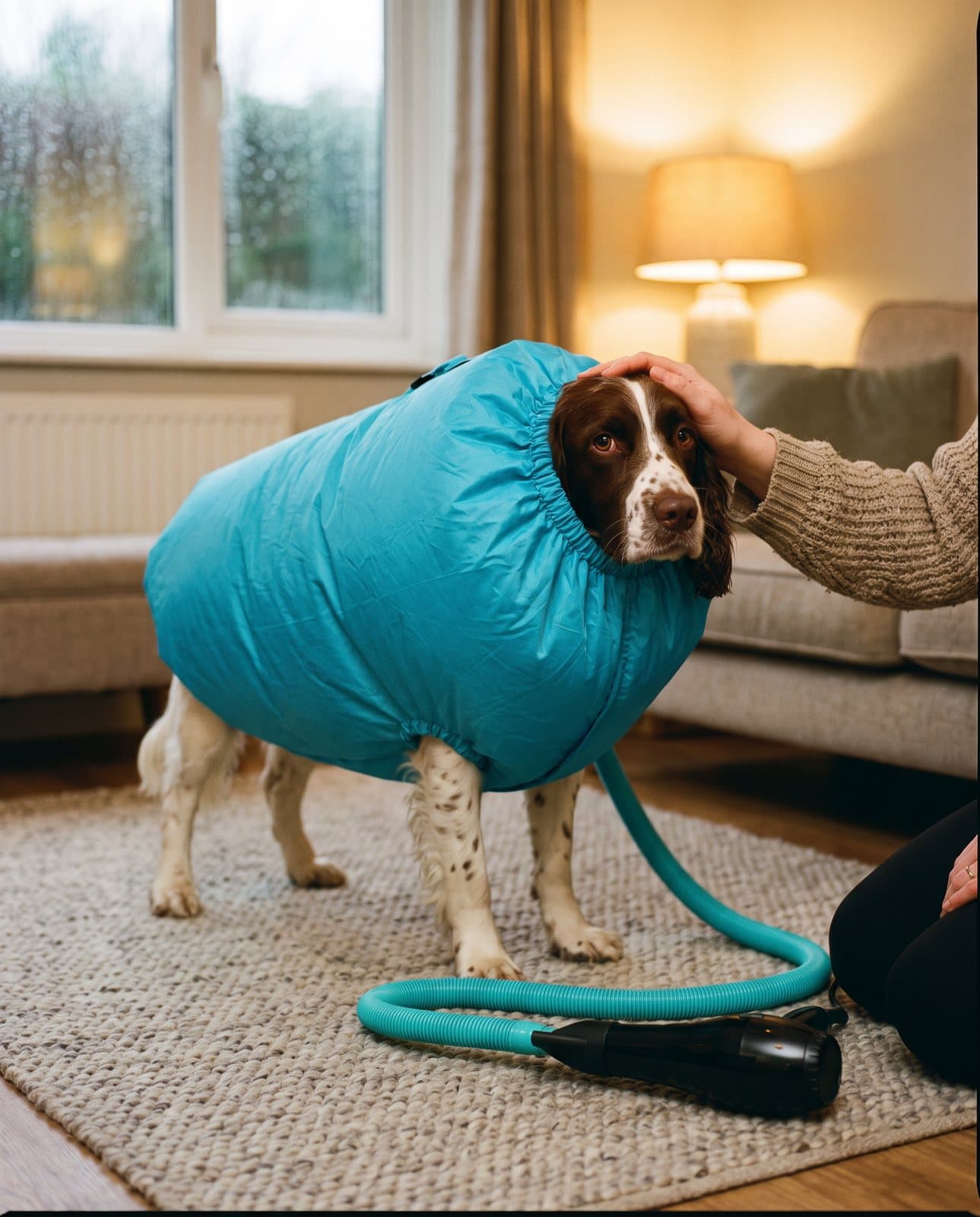 A hand on a springer spaniel's head while it stands in the puffed-up bag, dryer on the rug