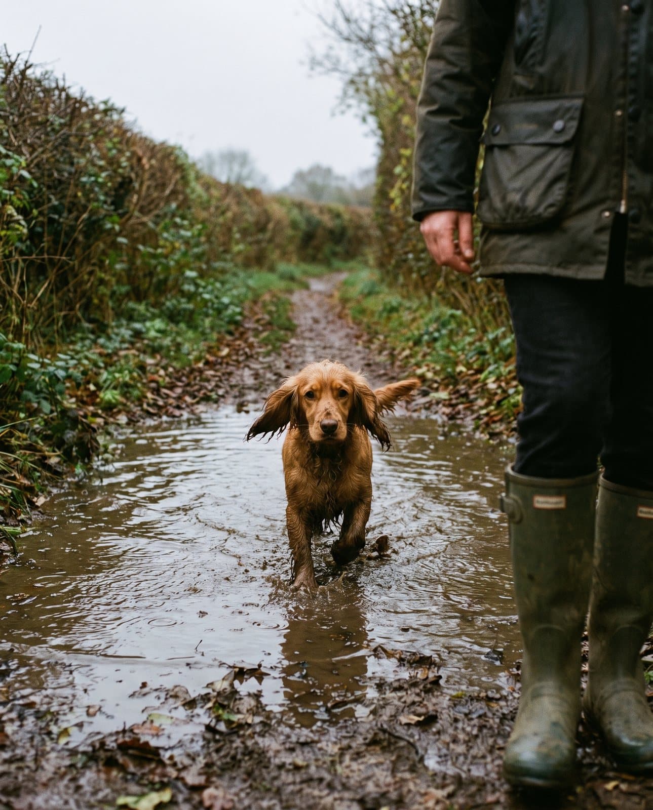 Muddy cocker spaniel trotting through a puddle on a rainy country path